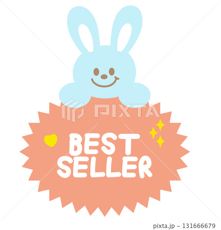 Cute BEST SELLER sale icon with bunny for online shopping, promotion, sticker, banner, discount, web button, campaign badge, brochure, price tag, animal, pet shop, vet, rabbit cartoon, happy easter 131666679