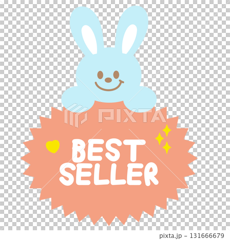 Cute BEST SELLER sale icon with bunny for online shopping, promotion, sticker, banner, discount, web button, campaign badge, brochure, price tag, animal, pet shop, vet, rabbit cartoon, happy easter 131666679