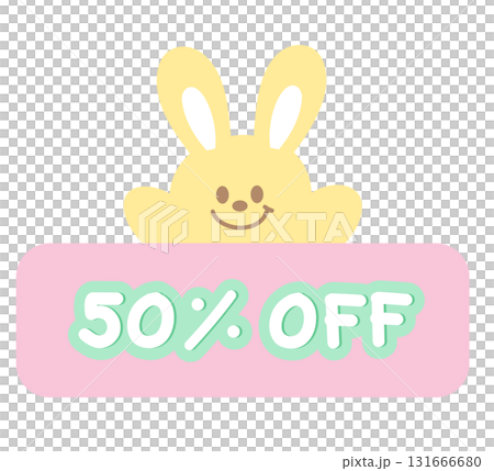 Cute 50% OFF sale icon with bunny for online shopping, promotion, sticker, banner, discount, web button, campaign badge, brochure, price tag, animal, pet shop, vet, rabbit cartoon, ads, happy easter Cute 50% OFF sale icon with bunny for online shopping, promotion, sticker, banner, discount, web button, campaign badge, brochure, price tag, animal, pet shop, vet, rabbit cartoon, ads, happy easter 131666680