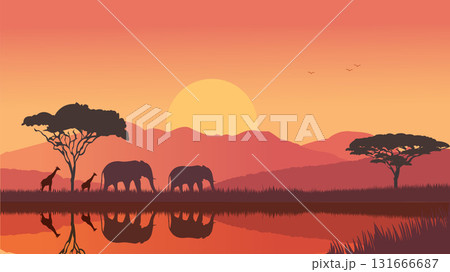 Wild Beauty of Africa Silhouettes Beneath a Crimson Sunset 131666687
