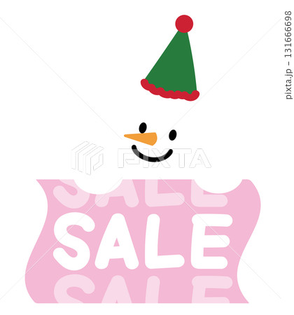 Cute Christmas SALE icon with snowman for festive winter deal, online shopping, promotion, sticker, banner, special price, discount, web button, campaign badge, ads, souvenir shop, happy new year 131666698