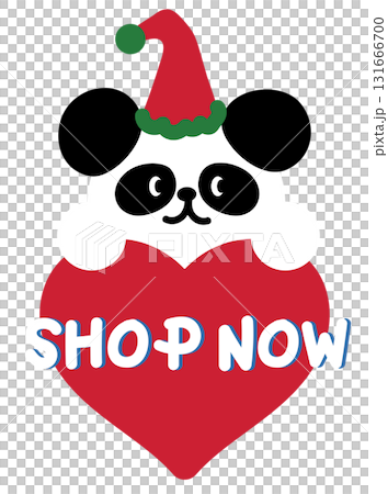 Cute Christmas SHOP NOW sale icon with panda bear for festive winter deal, online shopping, promotion, sticker, banner, special price, discount, web button, campaign, ads, zoo, souvenir shop, animals 131666700