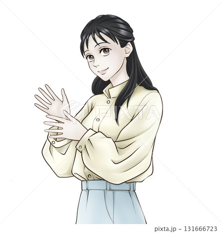 手をヒラヒラさせるポーズの女性 手をヒラヒラさせるポーズの女性 131666723