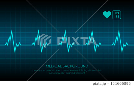 Illustration of Emergency ekg monitoring. Blue Glowing Neon Heart Pulse. Heartbeat. Dark Blue Background with a Grid. Vector Illustration. All in a single layer. 131666896