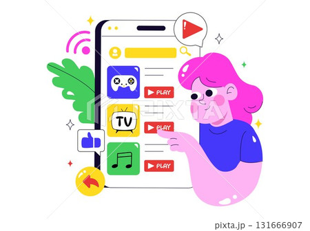 Online Streaming Platforms Illustration Featuring People Watching Live Streams with Video Engagement, Online Education, and Reaching Online Audiences Online Streaming Platforms Illustration Featuring People Watching Live Streams with Video Engagement, Online Education, and Reaching Online Audiences 131666907