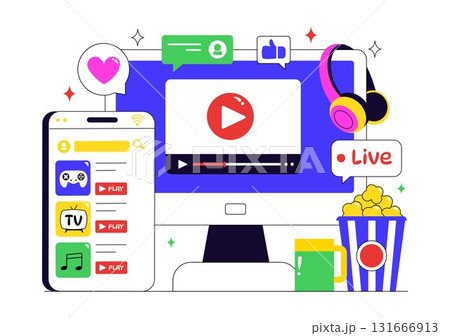 Online Streaming Platforms Illustration Featuring People Watching Live Streams with Video Engagement, Online Education, and Reaching Online Audiences Online Streaming Platforms Illustration Featuring People Watching Live Streams with Video Engagement, Online Education, and Reaching Online Audiences 131666913