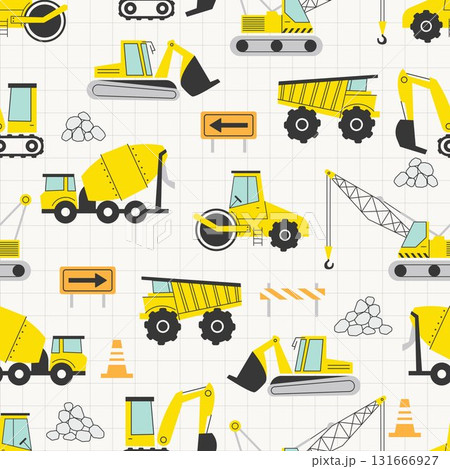 CONSTRUCTION SITE seamless pattern illustration vector cute kiddy decorative background wallpaper with various vehicles 131666927