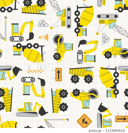 CONSTRUCTION SITE seamless pattern illustration vector cute kiddy decorative background wallpaper with various vehicles CONSTRUCTION SITE seamless pattern illustration vector cute kiddy decorative background wallpaper with various vehicles 131666928