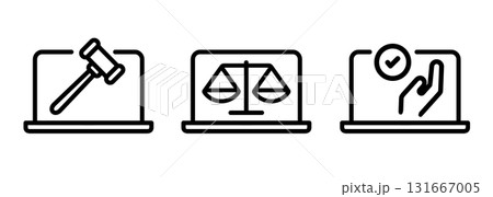 Icon of of legal tech digital law online justice and cybersecurity regulation intersection of law and technology laptop with gavel balance scale concepts Icon of of legal tech digital law online justice and cybersecurity regulation intersection of law and technology laptop with gavel balance scale concepts 131667005