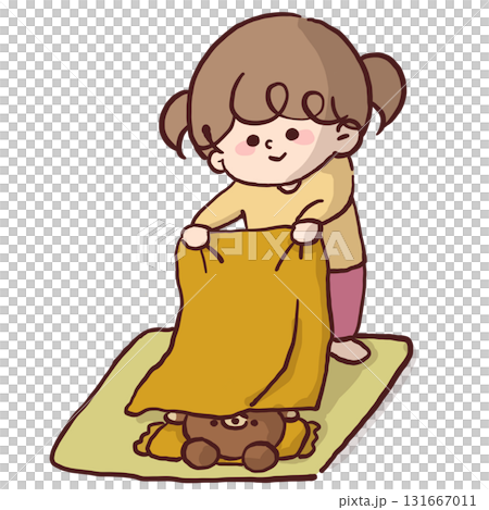 Illustration of a child pretending to take a nap with a teddy bear sleeping on his futon Illustration of a child pretending to take a nap with a teddy bear sleeping on his futon 131667011