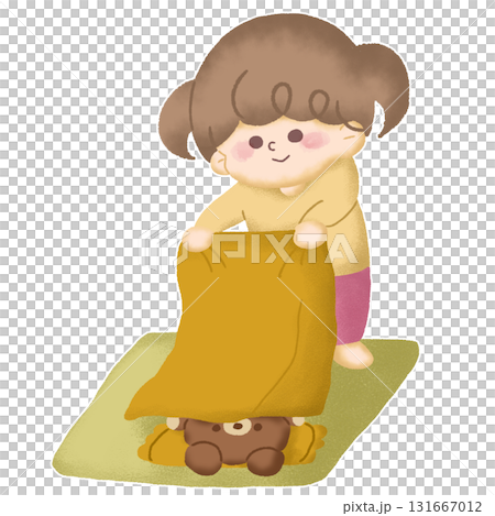 クマのぬいぐるみを自分の布団に寝かせてお昼寝ごっこをしている子どものイラスト 131667012