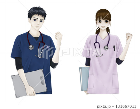 ガッツポーズをする男女の看護師のイラスト 131667013