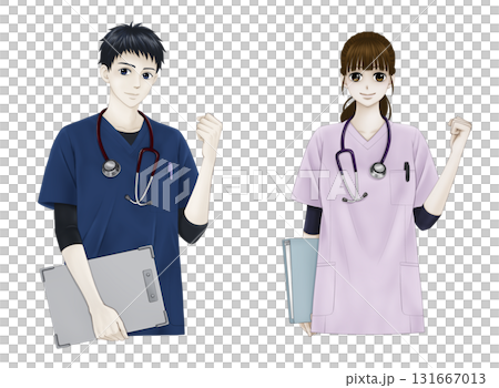 ガッツポーズをする男女の看護師のイラスト 131667013