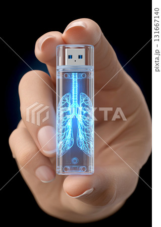 USB flash drive with glowing lungs inside held by hand USB flash drive with glowing lungs inside held by hand 131667140