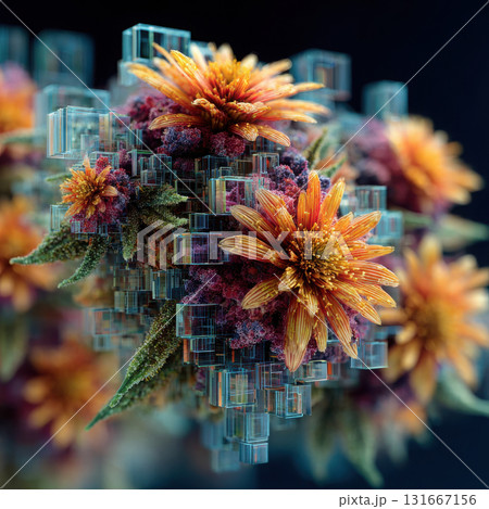 Orange flower with glass cubes and purple moss in dark Orange flower with glass cubes and purple moss in dark 131667156