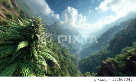 Cannabis plant with mountain valley and cloudy sky background 131667343