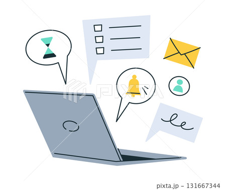 Open laptop with notifications, messages, emails, social media and daily tasks, flat cartoon vector illustration for office, productivity, digital communication and online work design 131667344