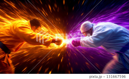 Dynamic martial arts fight with powerful energy bursts. 131667596