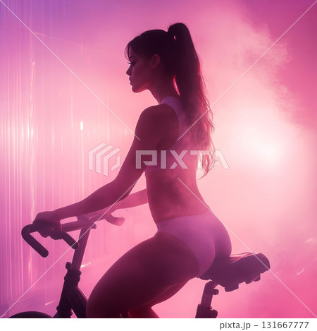Woman cycling in neon lights, showcasing fitness and determination. 131667777
