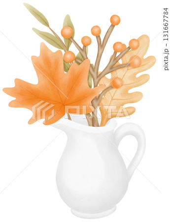 Thanksgiving set watercolor design with roasted turkey pumpkin and autumn leaves 131667784