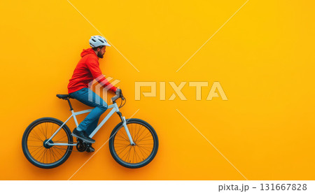 Person riding a bicycle against a vibrant yellow wall. Person riding a bicycle against a vibrant yellow wall. 131667828
