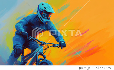 A dynamic mountain biker racing through vibrant colors. A dynamic mountain biker racing through vibrant colors. 131667829