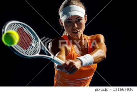 Dynamic tennis player in action, showcasing athletic prowess. 131667936