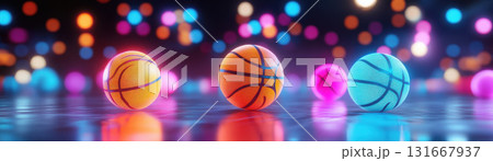 Colorful basketballs on a reflective surface with vibrant lights. 131667937