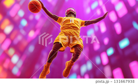 A basketball player performs a slam dunk in vibrant colors. 131667938