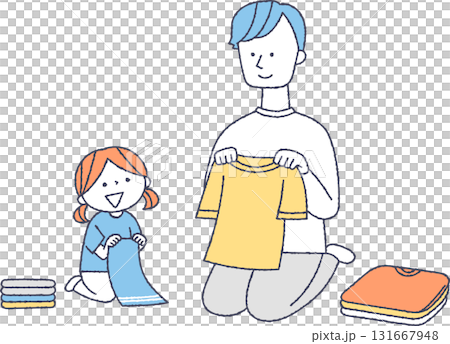 女の子と一緒に洗濯物を畳むお父さん 131667948