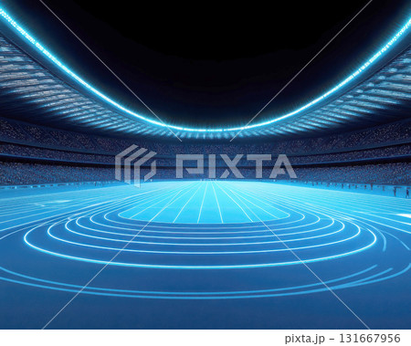 Futuristic sports arena with glowing blue lighting and design. Futuristic sports arena with glowing blue lighting and design. 131667956