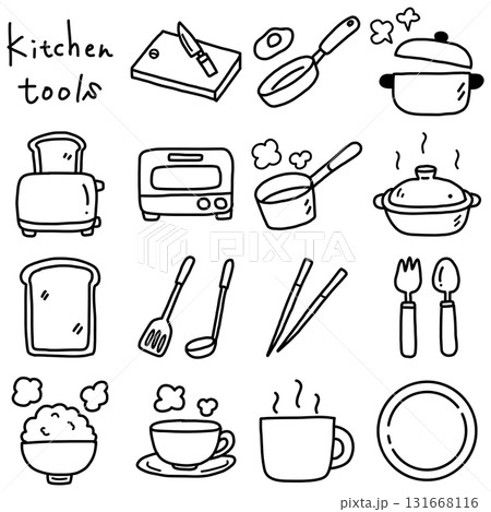手描き線画のシンプルで可愛い台所用品のイラストセット 手描き線画のシンプルで可愛い台所用品のイラストセット 131668116
