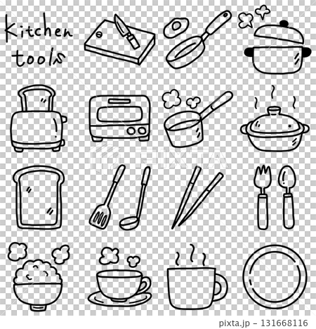 Simple and cute hand-drawn line kitchen utensil illustration set 131668116