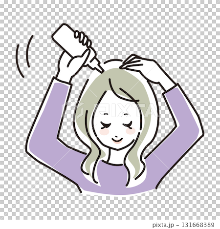 Upper body of a young woman applying lotion to her scalp Upper body of a young woman applying lotion to her scalp 131668389