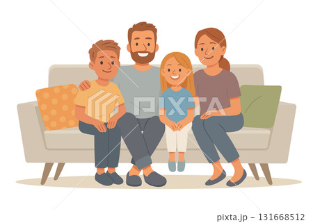 A family of four father, mother, son, and daughter sits together on a beige sofa A family of four father, mother, son, and daughter sits together on a beige sofa 131668512