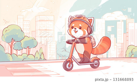 電動キックボードに乗るレッサーパンダ 電動キックボードに乗るレッサーパンダ 131668893