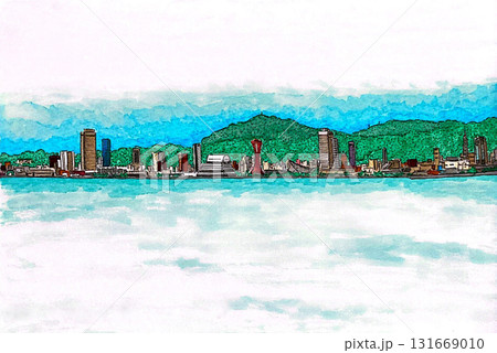 神戸港(ペン画水彩) 131669010