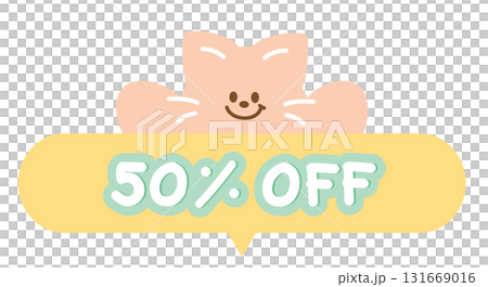 Cute 50% OFF sale icon with cat for online shopping, promotion, sticker, banner, special price, discount, web button, campaign badge, brochure, price tag, animal, pet shop, vet, kitten cartoon, ads 131669016