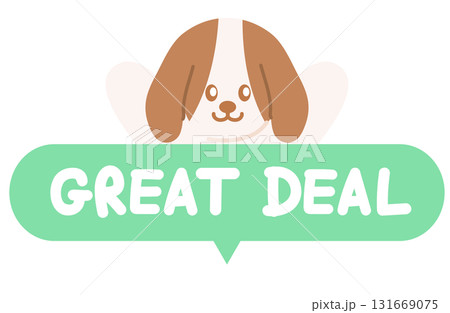 Cute GREAT DEAL sale icon with puppy for online shopping, promotion, sticker, banner, special price, discount, web button, campaign badge, brochure, price tag, animal, pet shop, vet, dog cartoon, ads 131669075