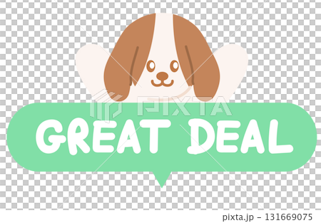 Cute GREAT DEAL sale icon with puppy for online shopping, promotion, sticker, banner, special price, discount, web button, campaign badge, brochure, price tag, animal, pet shop, vet, dog cartoon, ads 131669075