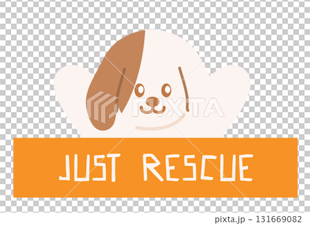 Cute illustrations of puppy and JUST RESCUE letters for adopt and rescue animals, sticker, pet shop, vet, dog cartoon, character, comic, mascot, patch, foster home, shelter, forever home, paw friend 131669082