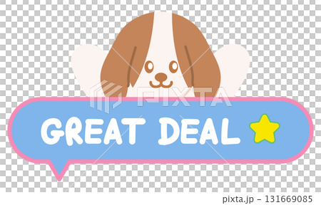Cute GREAT DEAL sale icon with puppy for online shopping, promotion, sticker, banner, special price, discount, web button, campaign badge, brochure, price tag, animal, pet shop, vet, dog cartoon, ads 131669085