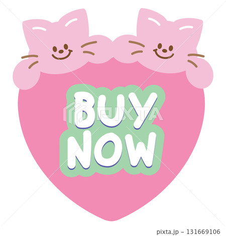 Cute BUY NOW sale icon with cat for online shopping, promotion, sticker, banner, special price, discount, web button, campaign badge, brochure, price tag, animal, pet shop, vet, kitten cartoon, ads 131669106