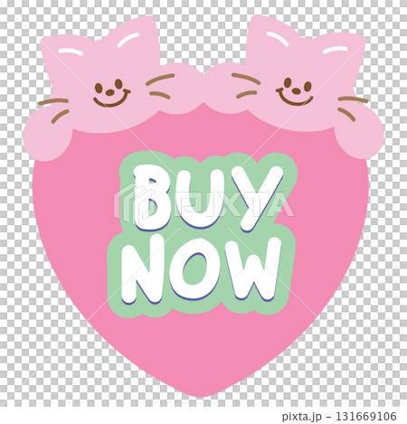 Cute BUY NOW sale icon with cat for online shopping, promotion, sticker, banner, special price, discount, web button, campaign badge, brochure, price tag, animal, pet shop, vet, kitten cartoon, ads 131669106