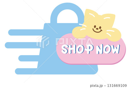 Cute SHOP NOW sale icon with cat for online shopping, promotion, sticker, banner, special price, discount, web button, campaign badge, brochure, price tag, animal, pet shop, vet, kitten cartoon, ads 131669109