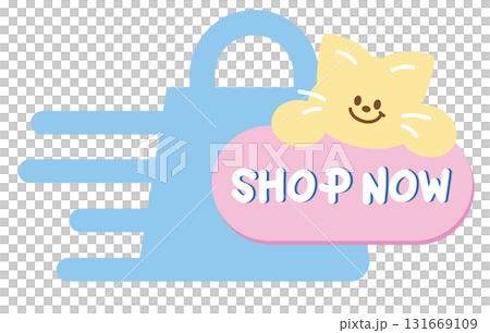 Cute SHOP NOW sale icon with cat for online shopping, promotion, sticker, banner, special price, discount, web button, campaign badge, brochure, price tag, animal, pet shop, vet, kitten cartoon, ads 131669109