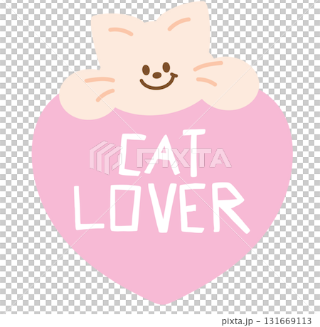 Cute illustrations of cat and CAT LOVER letters for adopt and rescue animals, sticker, pet shop, vet, kitten cartoon, character, comic, mascot, patch, foster home, shelter, forever home, paw friend 131669113