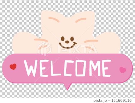 Cute WELCOME icon with cat for greeting card, online shopping, promotion, banner, special price, discount, web button, campaign badge, brochure, price tag, animal, pet shop, vet, kitten cartoon 131669116