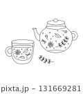 Herbal tea pot and cup. Line drawing, simple doodle art. Vector illustration black and white. Minimalist lineart of a teapot and cup with leaves, herbs, floral elements. Relaxation, cozy spa time 131669281