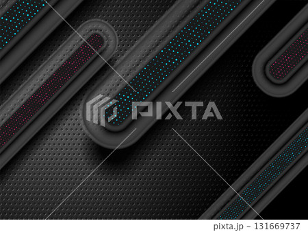 Black tech perforated texture abstract background with smooth stripes and bright dots 131669737